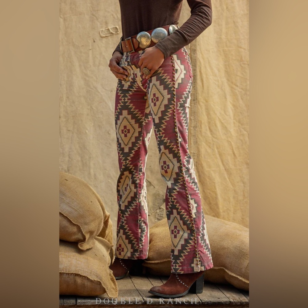 Double D Ranch Flare Pants Red and Cream Geometric Design